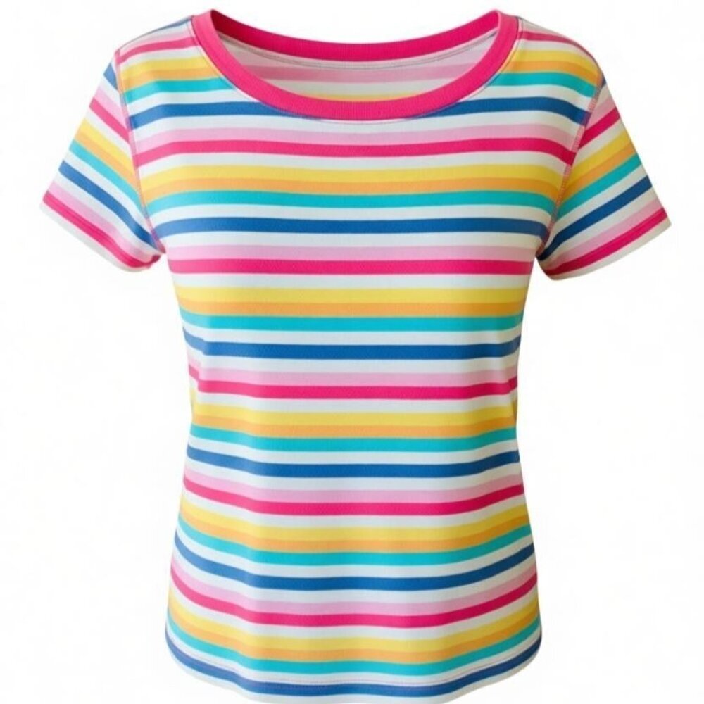 Lands End Womens Medium Rainbow Stripe Crew Neck Short Sleeve Tee Top